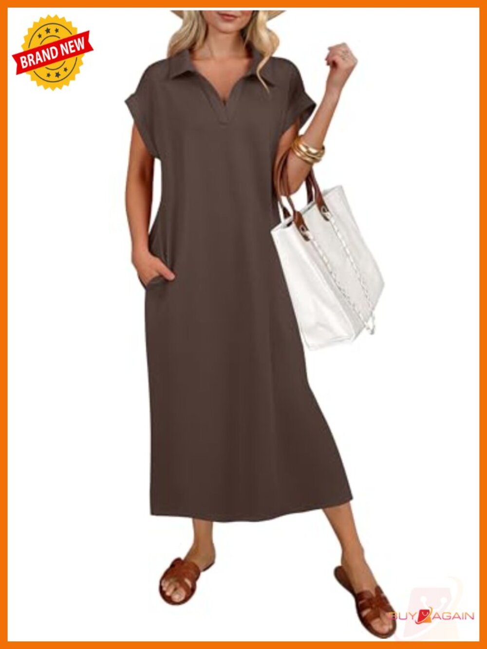 Women's Summer Casual Polo V Neck Midi Dress with Pockets